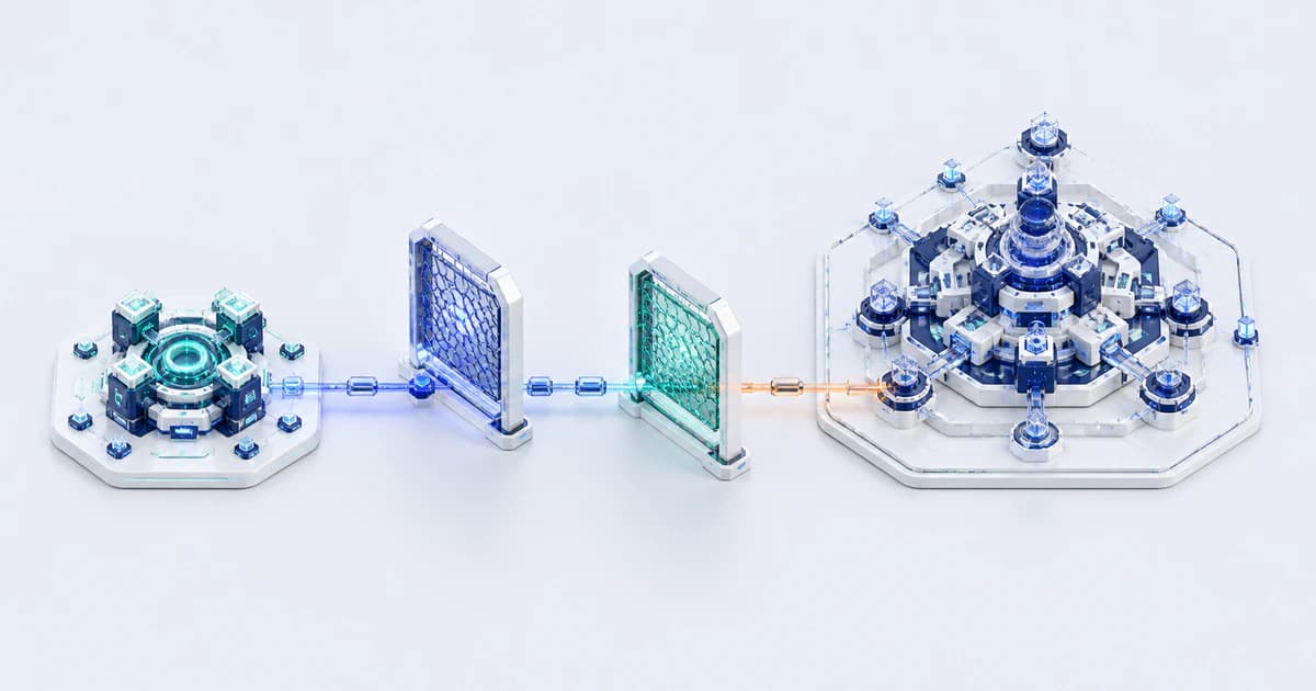 A startup and enterprise connect through a controlled pilot bridge with separate investment and information boundaries.