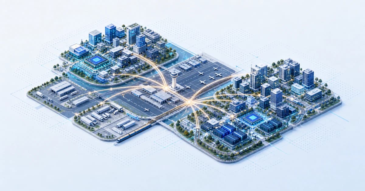 Isometric Dallas-Fort Worth capital atlas linking twin urban clusters through airport, logistics, semiconductor, and data corridors