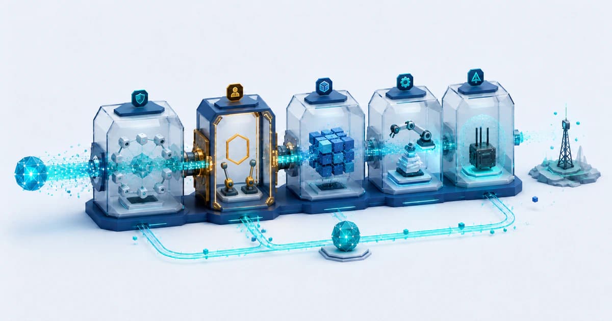 A secure technology laboratory routes sensing, compute, manufacturing, and field feedback through a human verification gate.