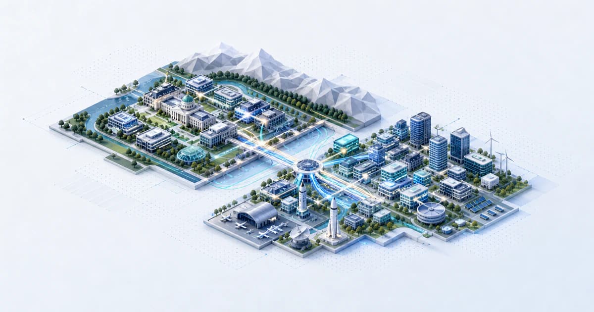 Isometric Denver-Boulder capital atlas connecting university, climate, aerospace, and software clusters along the Front Range