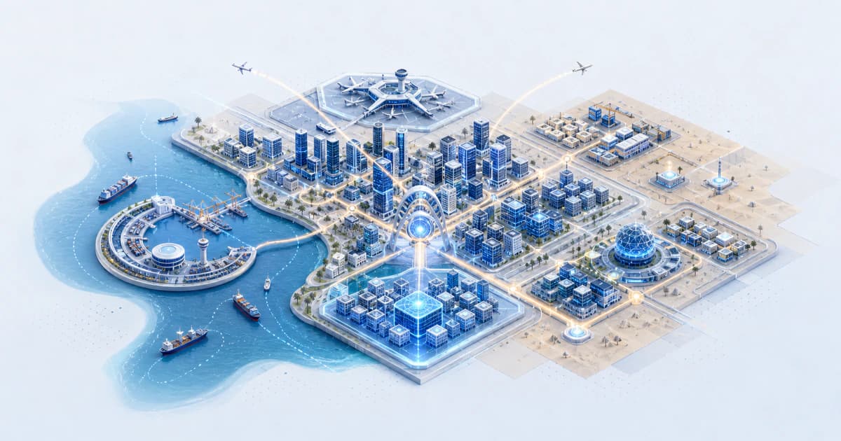 Isometric Dubai capital atlas joining a coast-desert gateway with fintech, logistics, AI, and global investment routes