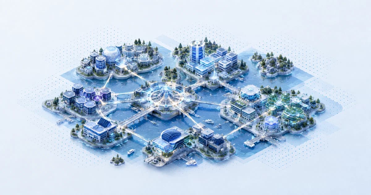 Isometric Helsinki capital archipelago linking gaming, deep-tech, climate, and health startup nodes across a harbor.