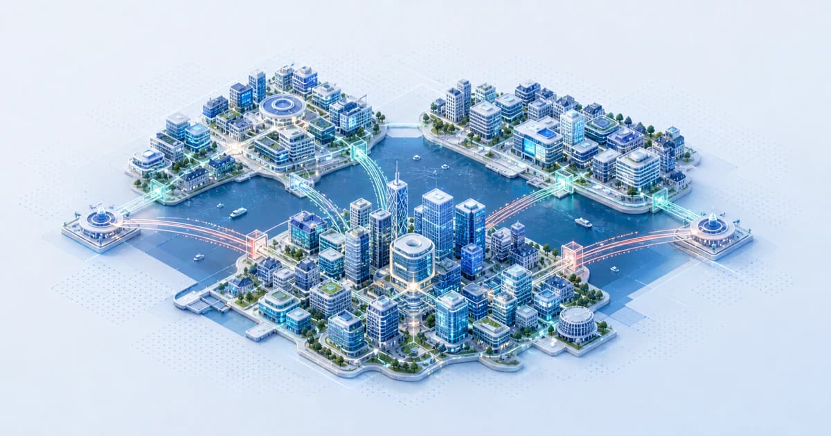Isometric Hong Kong capital atlas connecting harbor, island, fintech, and cross-border investment routes