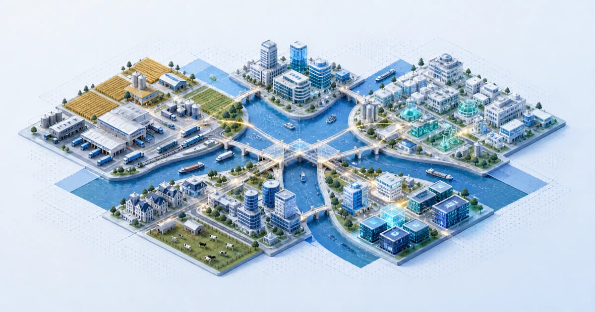 Isometric Kansas City capital map where two-state river routes connect logistics, agriculture, animal health, and software nodes.
