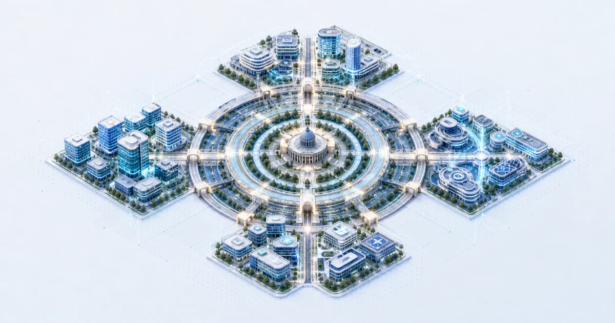 Isometric Madrid capital atlas radiating from an enterprise core toward fintech, health, AI, and cross-border investment routes