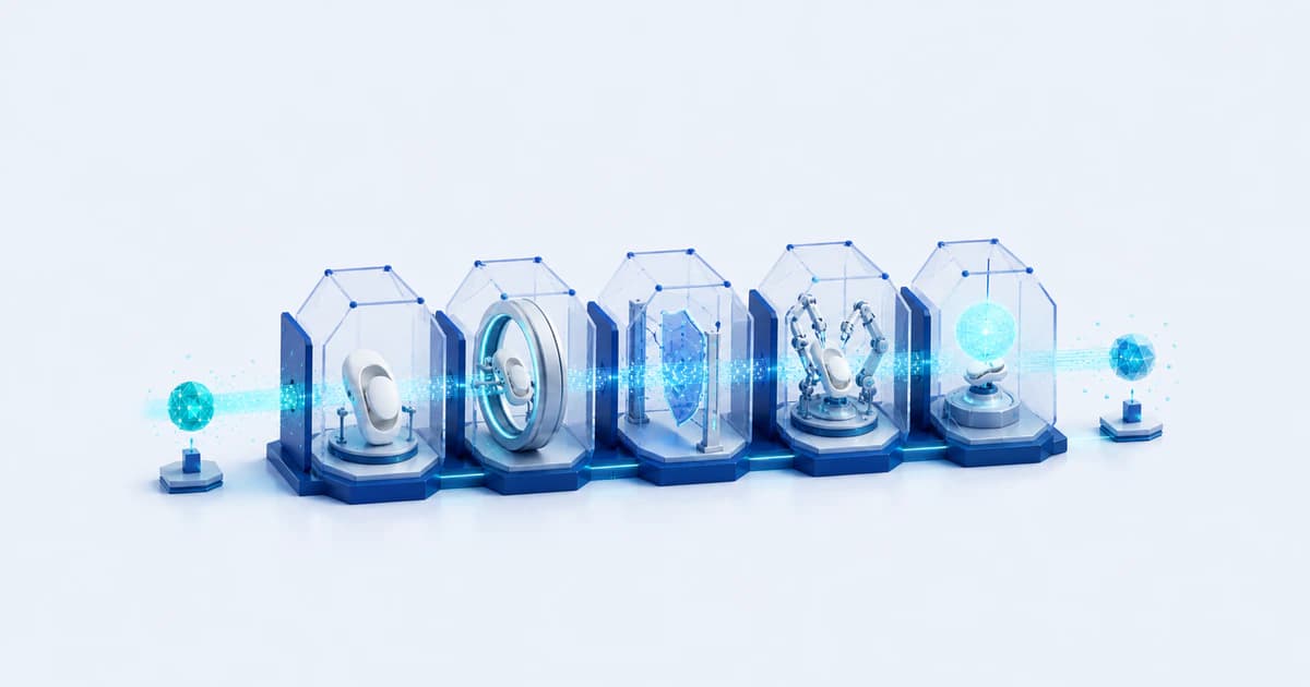 A medical-device prototype advances through validation, regulatory, production, and clinical-outcome chambers.