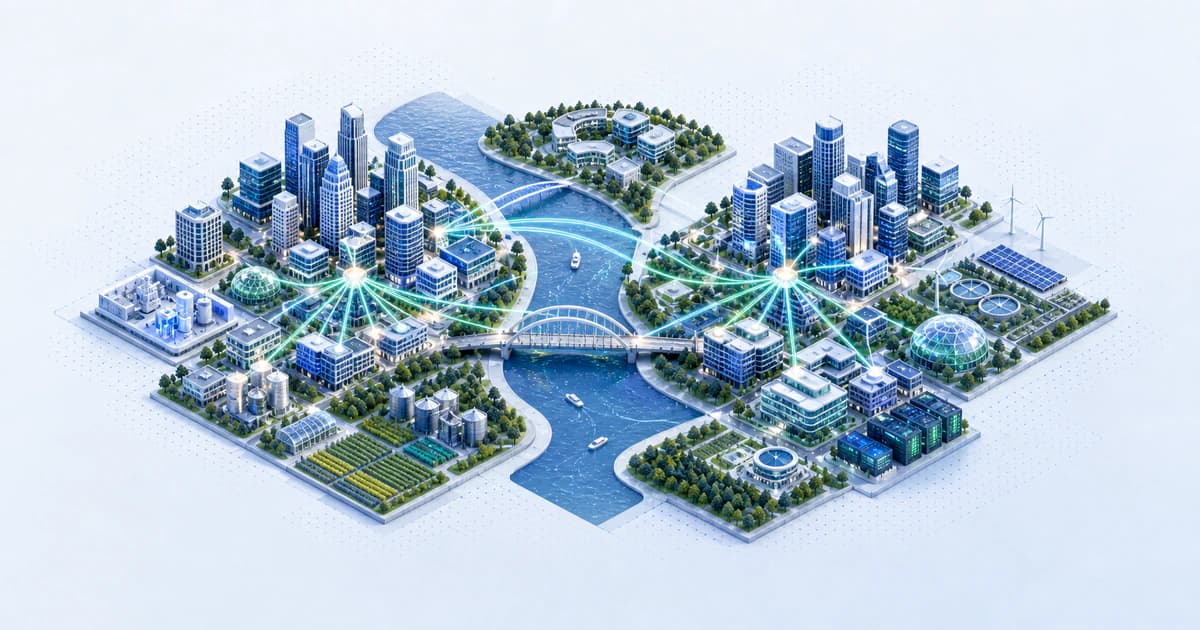 Isometric Twin Cities capital map linking two river cores with medical, food, climate, and software funding nodes.