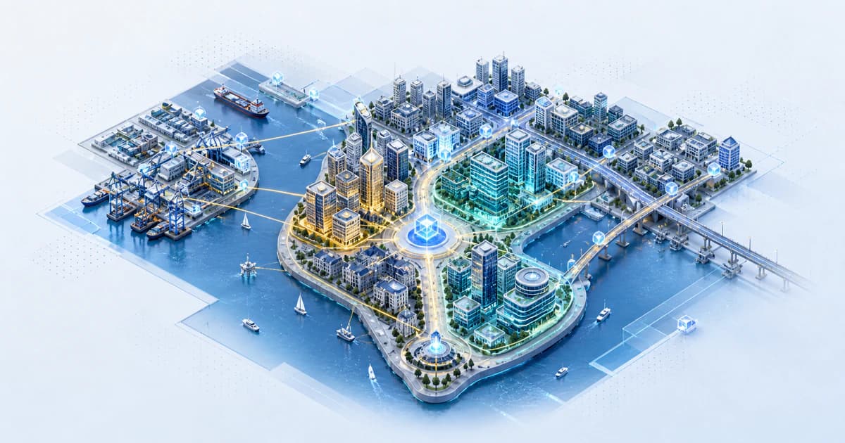 Isometric Mumbai capital atlas connecting a harbor peninsula with finance, consumer, SaaS, and enterprise investment clusters