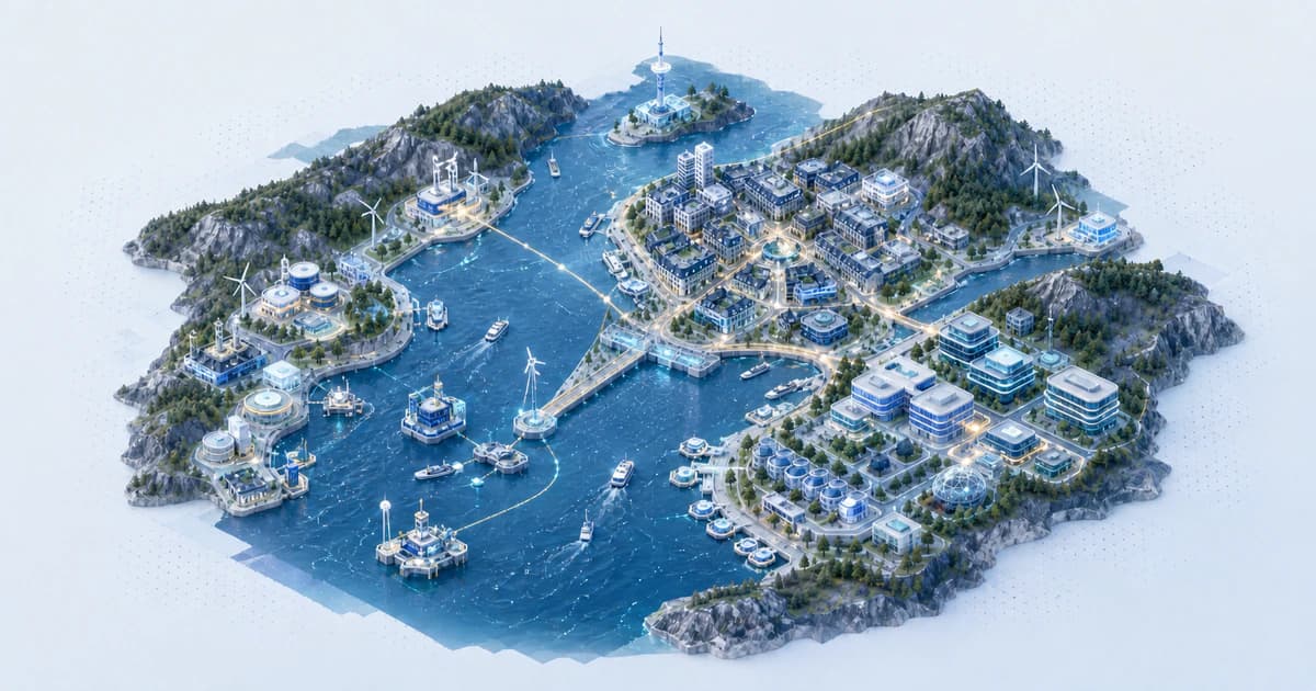 Isometric Oslo capital fjord linking ocean, energy, climate, software, and media investment nodes.