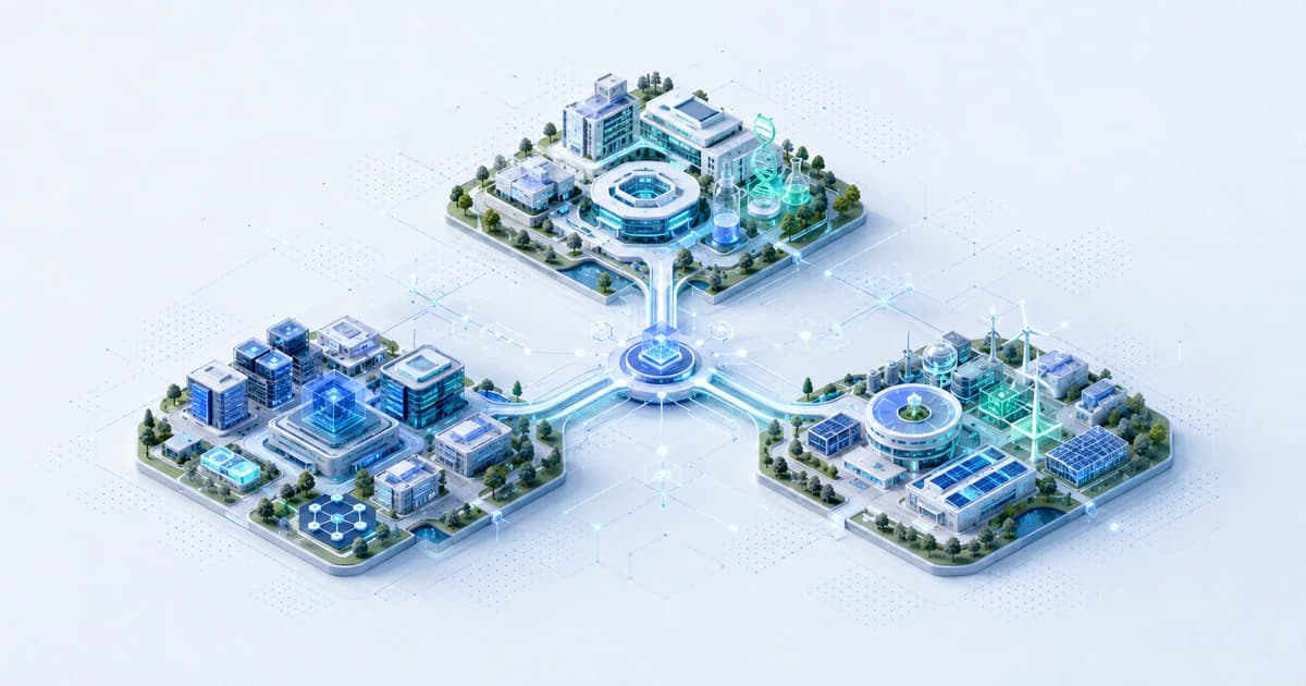 Isometric Research Triangle capital map linking three university nodes to biotech, software, and commercialization pathways.