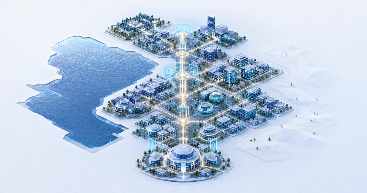 Isometric Utah capital corridor linking Salt Lake City and Provo through software, fintech, aerospace, and health nodes.