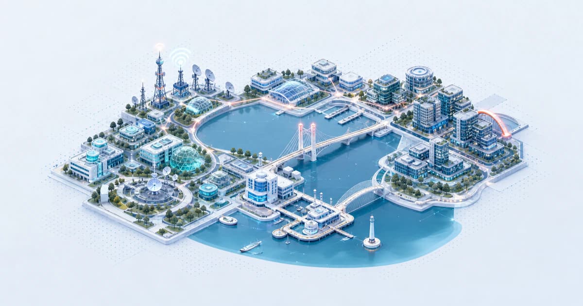 Isometric San Diego capital atlas connecting coastal biotech, wireless, defense, and research clusters around the bay