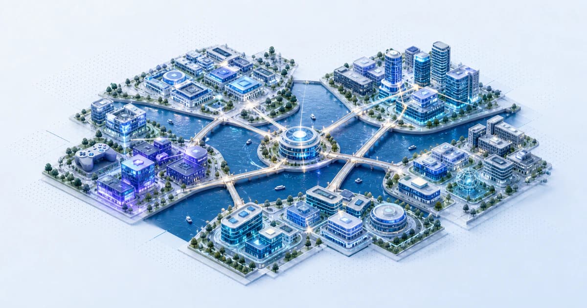 Isometric Seoul capital atlas linking river-bank semiconductor, gaming, consumer, and enterprise technology clusters