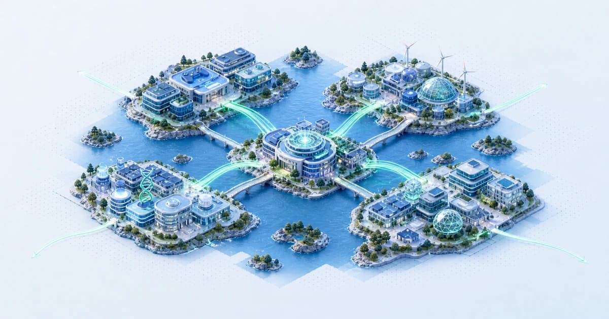 Isometric Stockholm capital atlas linking archipelago islands for gaming, software, climate, and life-sciences investment