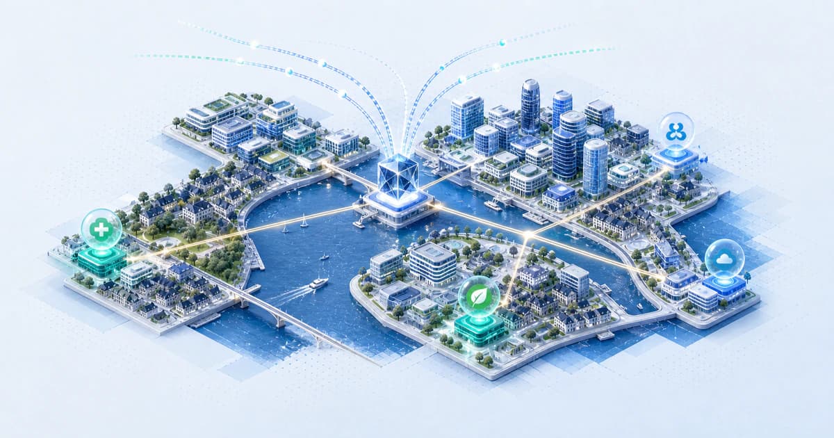 Isometric Sydney capital atlas linking harbor-side health, climate, software, research, and APAC investment routes