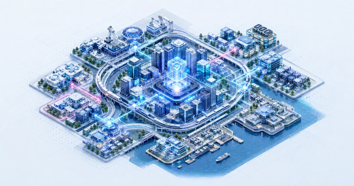 Isometric Tokyo capital atlas linking bay and rail routes with robotics, semiconductor, university, and enterprise investment clusters