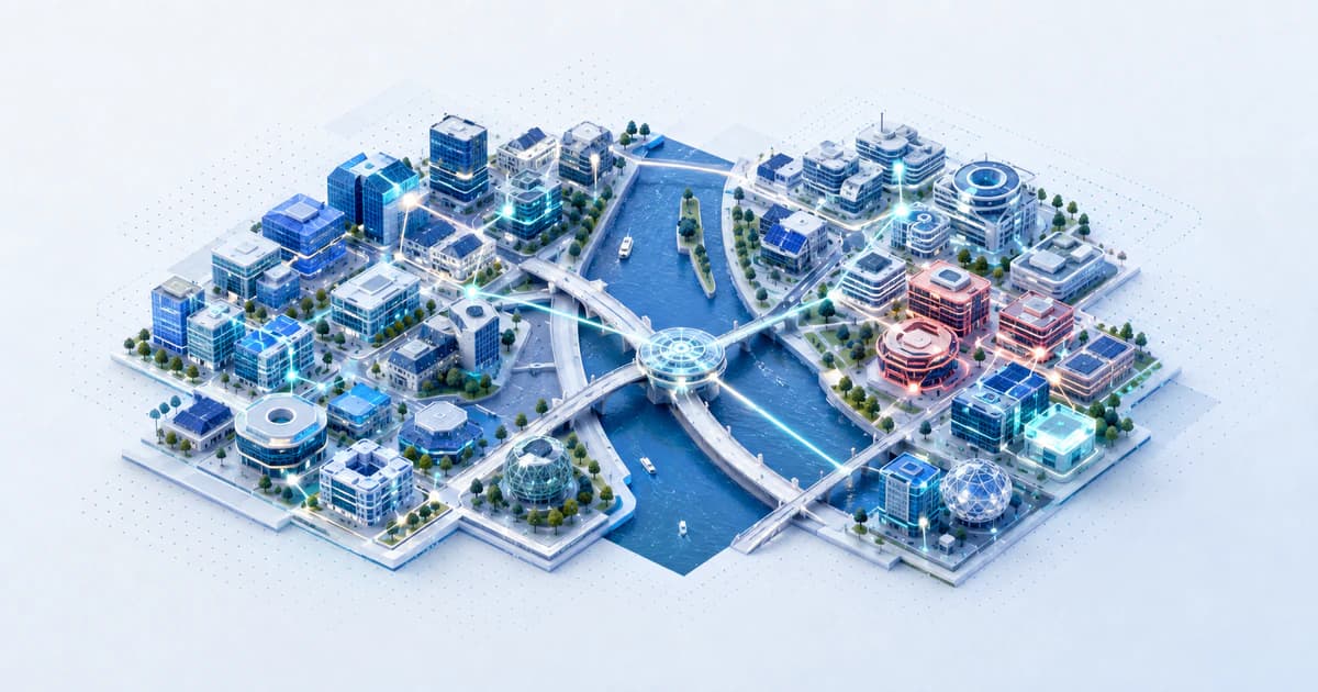 Isometric Warsaw capital map along the Vistula linking fintech, gaming, enterprise software, and deep-tech nodes across CEE.