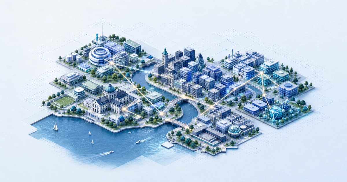 Isometric Zurich capital map where lake, river, university, and precision-technology clusters connect through reviewed funding paths.