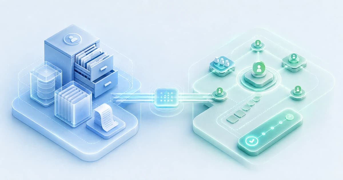 A donor-record archive and a relationship-action workspace traveling on separate connected rails with responsibilities kept distinct.