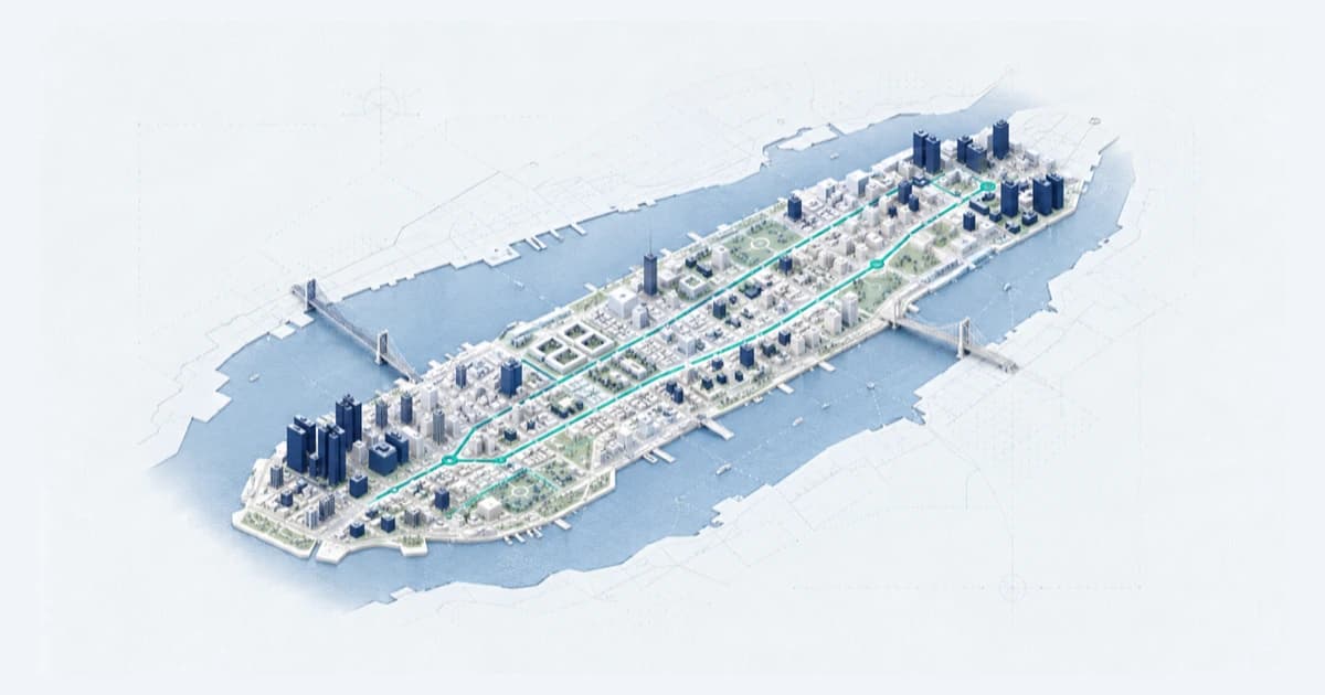 A Manhattan-and-river atlas separates external-manager districts from direct-company investment paths and shows review boundaries.