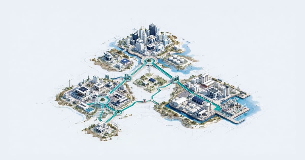 Three Texas urban clusters connect through separate review gates to technology ventures, established businesses and property partnerships.