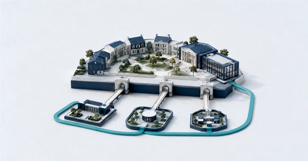 An isometric campus endowment connects through review gates to independent fund-manager platforms, with a separate path returning support to education and research.
