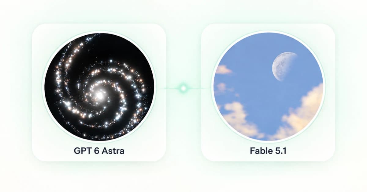 Two round Aurora-style model cards using GPT-6 Astra galaxy artwork and Claude Fable 5.1 sky and moon artwork, with each model name below its circle.