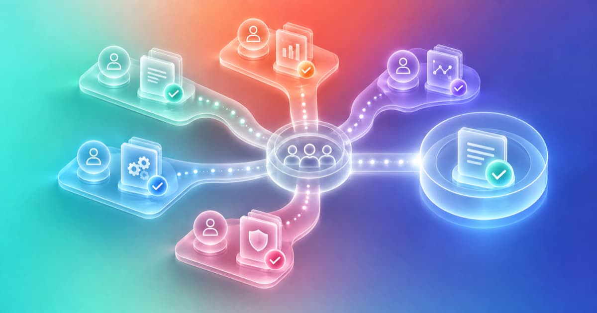 Distinct enterprise stakeholder paths converge on a shared decision chamber while retaining separate owners and evidence.