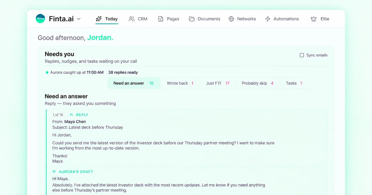 Finta Today showing a fictional inbox action queue and an Aurora-drafted response ready for review.