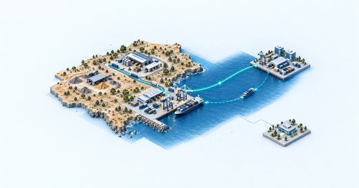 An Australian coastal production district sends an order through a harbor and overseas acceptance point while a separate collection lane returns across the water.