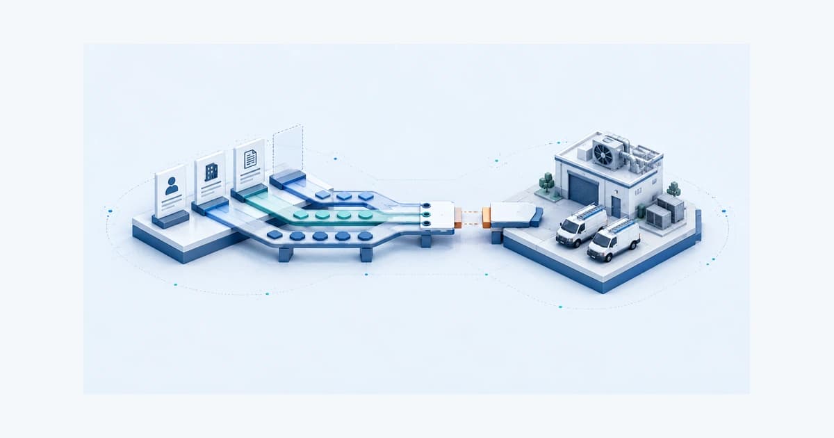 Three evidence tracks approach an HVAC business across an unfinished review bridge, separating buyer, target and transaction records.