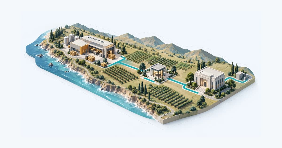 A California coastal-valley business model connects a food producer, an intermediary review point, and a lender through distinct teal routes.