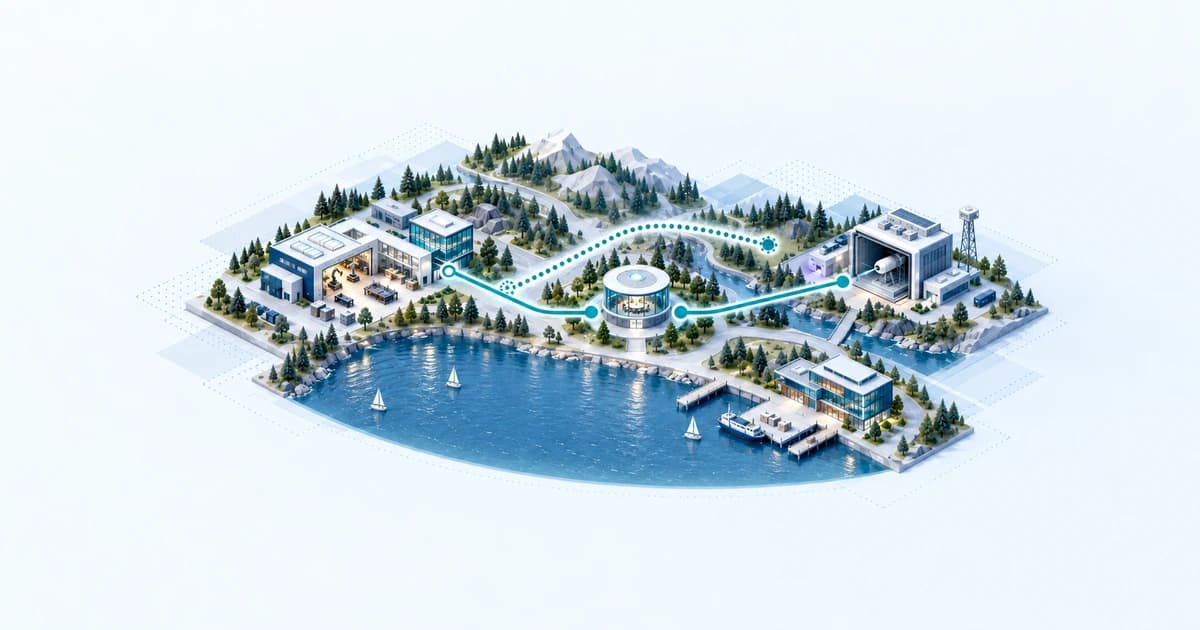 A lake-and-foothill innovation corridor connects a sensor workshop and test bay through an advisor junction, with one research question left open.