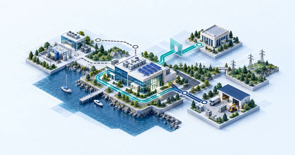 A commercial property with energy-upgrade equipment connects to distinct capital, mortgage-consent and technical-review routes.