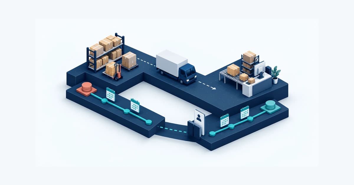 An ecommerce loading-dock model separates supplier and freight payments from later customer collections, with a financing review gate beside the order route.