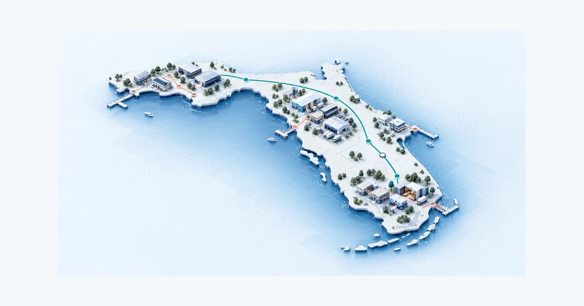A Florida-shaped atlas distinguishes statewide and regional lender-discovery routes around commercial expansion clusters.