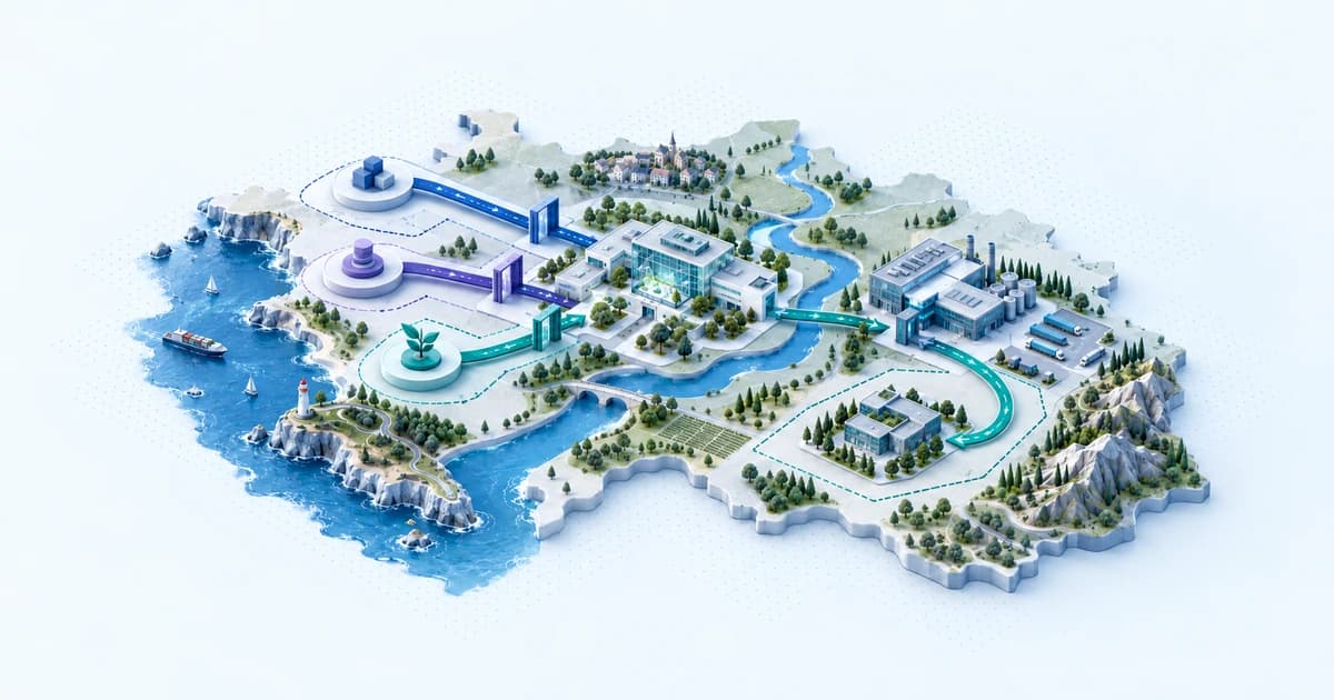 A French coastal research atlas links laboratory, prototype, and industrialization clusters with separate instrument gates and a repayment loop.