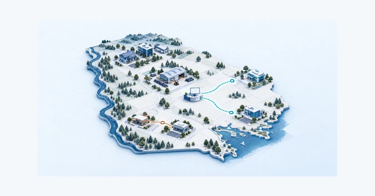 A Georgia-shaped atlas shows a central referral desk and unfinished lender-confirmation paths, with community support kept separate.