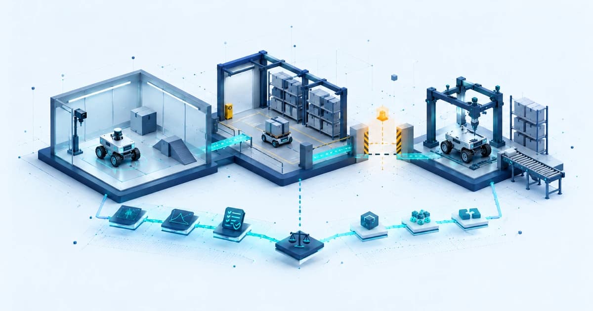 A robotics prototype moves from a controlled test cell toward a warehouse pilot and manufacturing jig, with an unresolved review boundary.