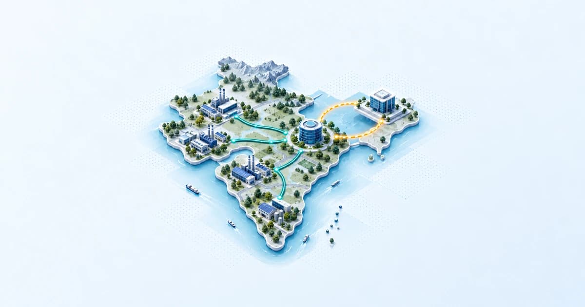 An Indian peninsula atlas connects manufacturing businesses to a lender hub while a separate guarantee-support loop stops at the lender.