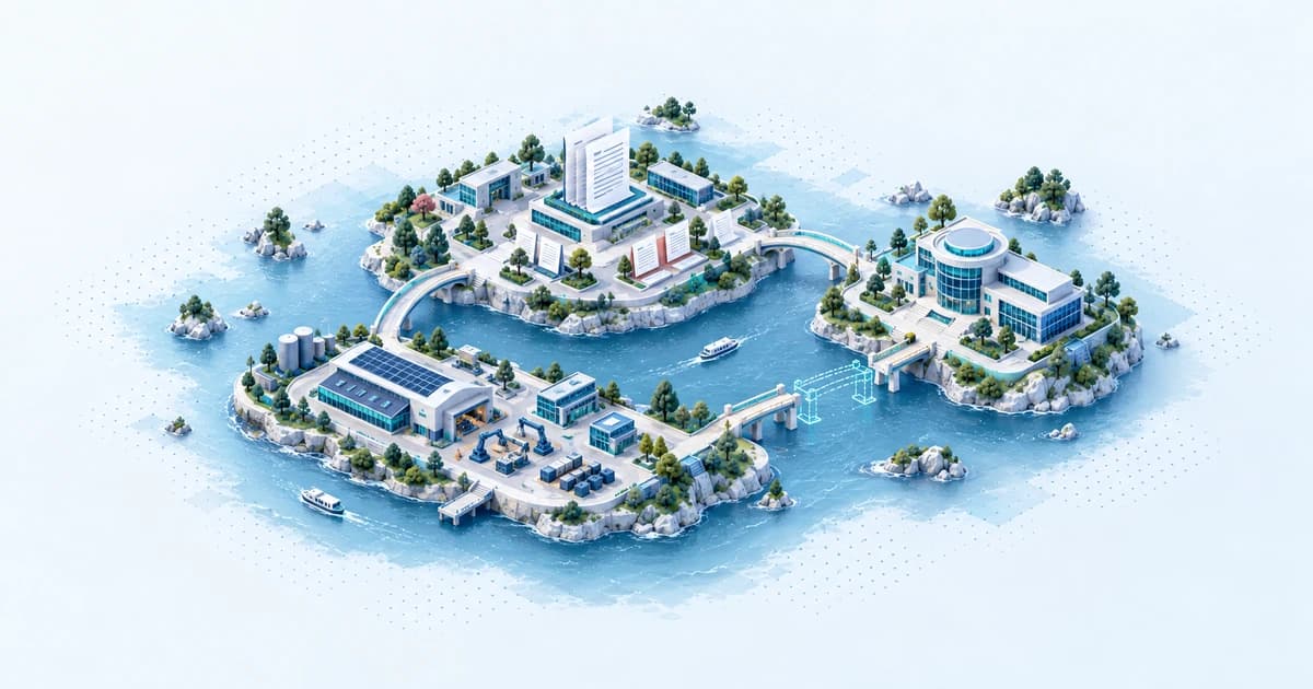 A Japanese archipelago model links a fabrication workshop and business-plan court to a consultation building through evidence-review bridges.