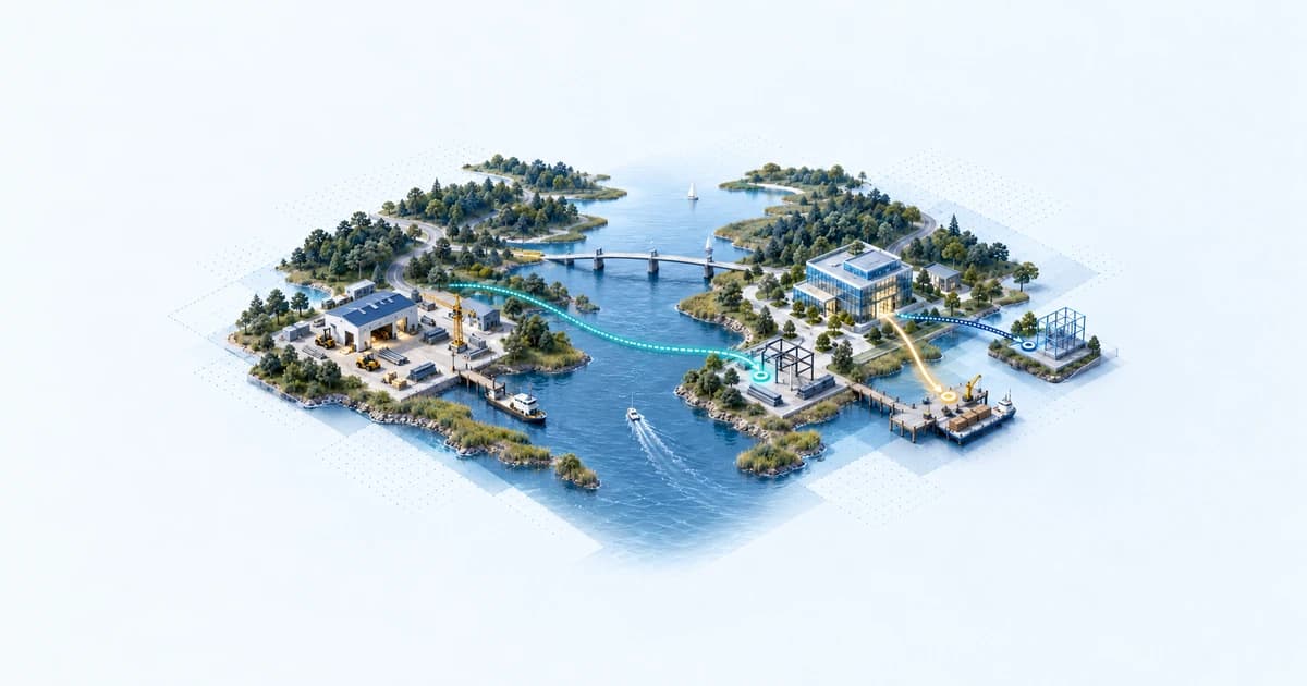 An estuary-side manufacturer connects to a financing manager while collateral, contract delivery and a separate bond route remain distinct.
