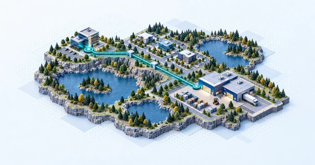A lake-country business district connects a workshop expansion and inventory bay to a separate lender-support pathway.