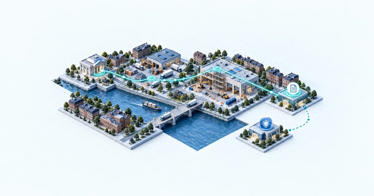 An urban contractor district connects mobilization and a public renovation site to invoice acceptance while collection and surety support stay separate.