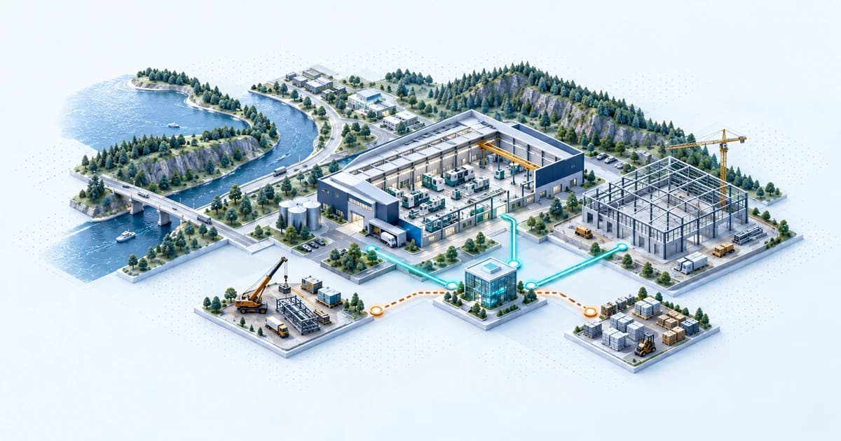 An upstate manufacturing corridor connects a facility and fixed machinery to a financing lane while installation and inventory occupy separate cost bays.