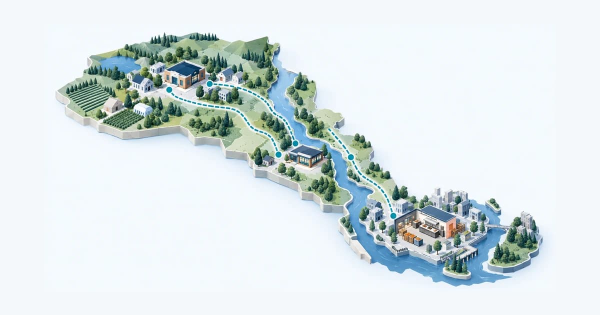 A New York regional atlas connects an upstate community lender and a downstate food-business neighborhood along separate teal provider routes.