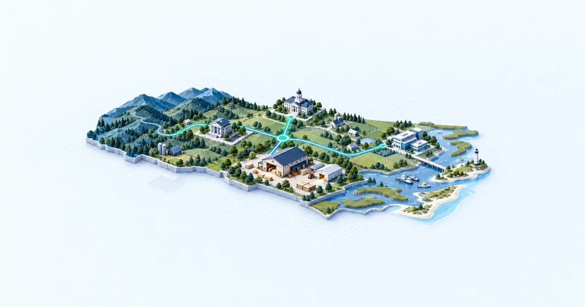 A mountain-to-coastal rural landscape links a cabinet workshop to local and statewide lending pathways with a clear service-area boundary.