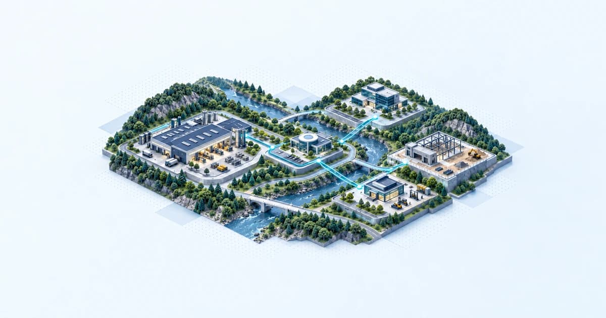 A manufacturing valley links an equipment hall and facilities annex through a local development-office junction, with installation and training kept separate.