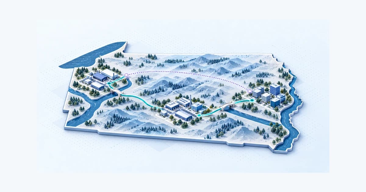 A Pennsylvania-shaped atlas connects regional business clusters across ridges and rivers, distinguishing local and broader routing paths.