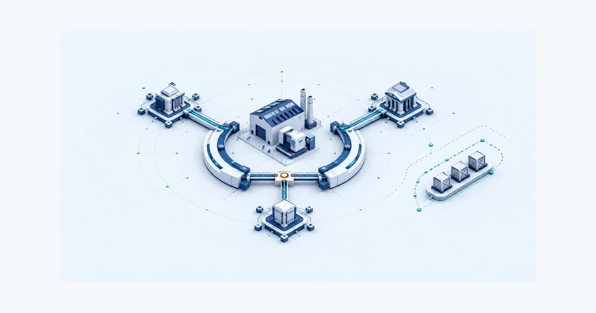 A horseshoe financing model connects three participants to a fixed-asset project, while inventory remains on a separate lane.